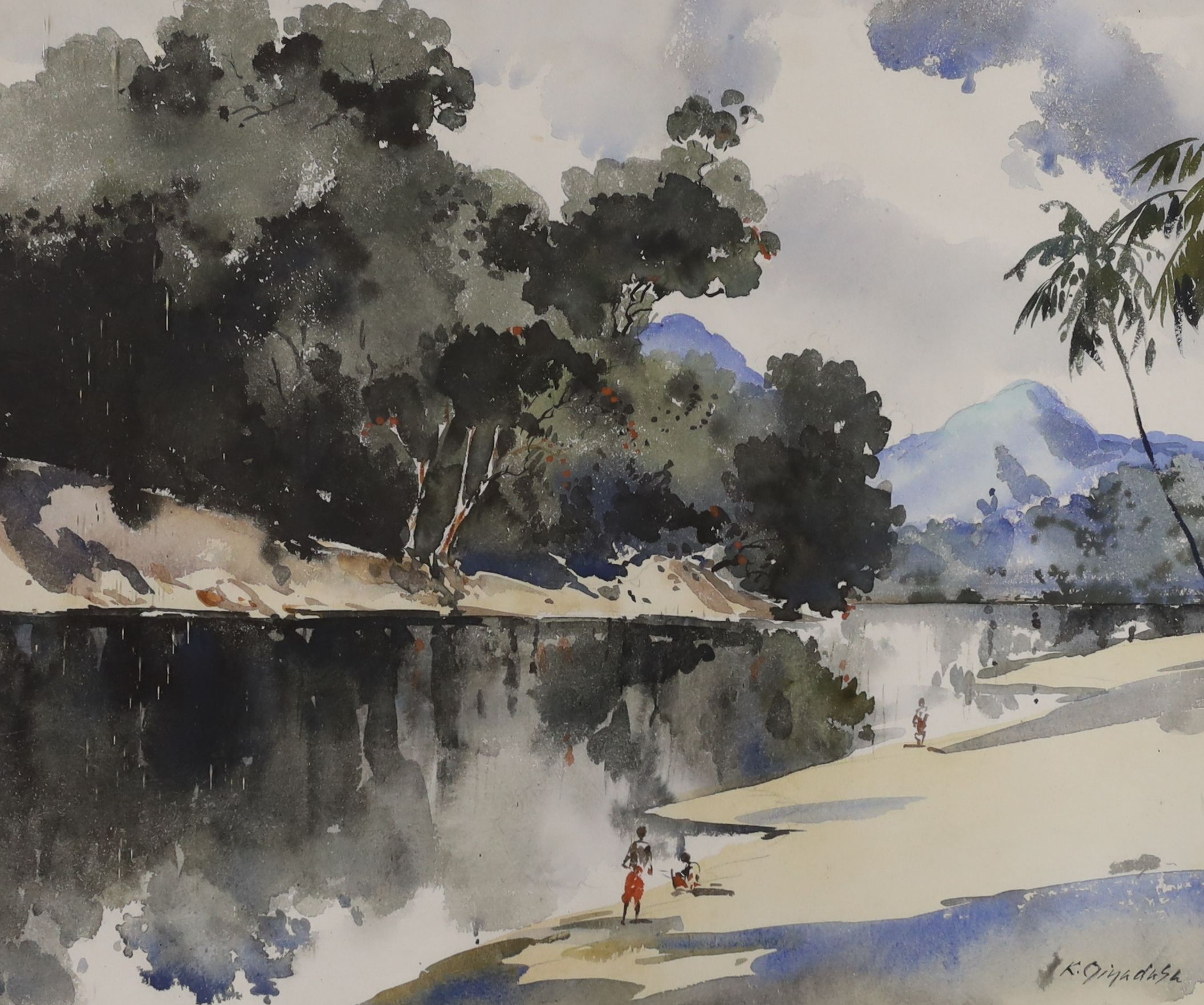 K. Piyadasa, watercolour, Asian river landscape, signed, 34 x 40cm and a watercolour of willow trees by Arthur Legge, dated 1920, 23 x 32cm
